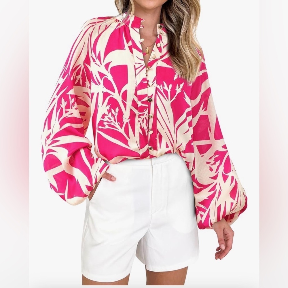 Pink and Cream Gold Buttons Women's Blouse Size Medium NWT